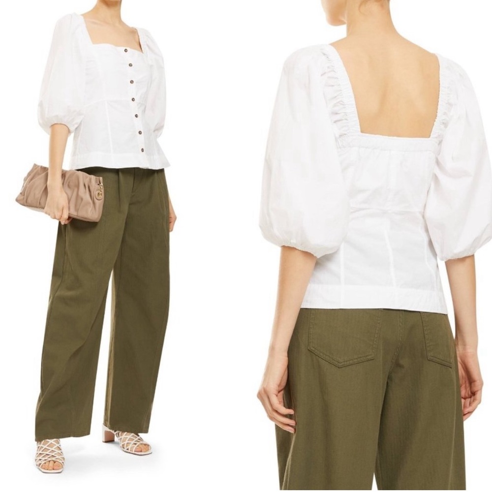 Ganni size 38 White Poplin Button Down Top Blouse Puff Sleeve Bright 3/4
